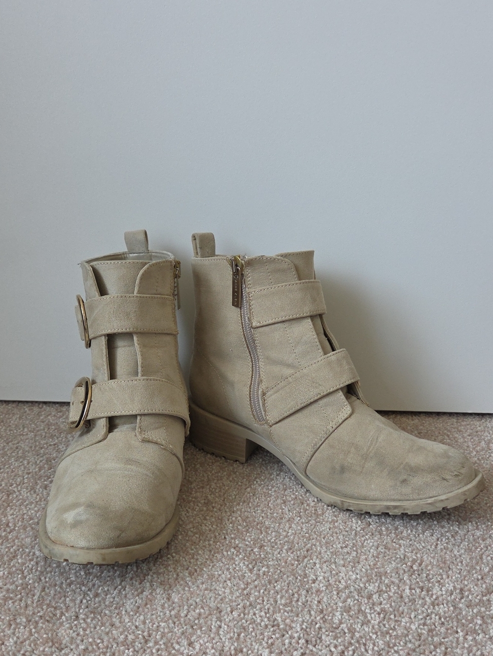 Anne Klein Beige Suede Strap Ankle Boots